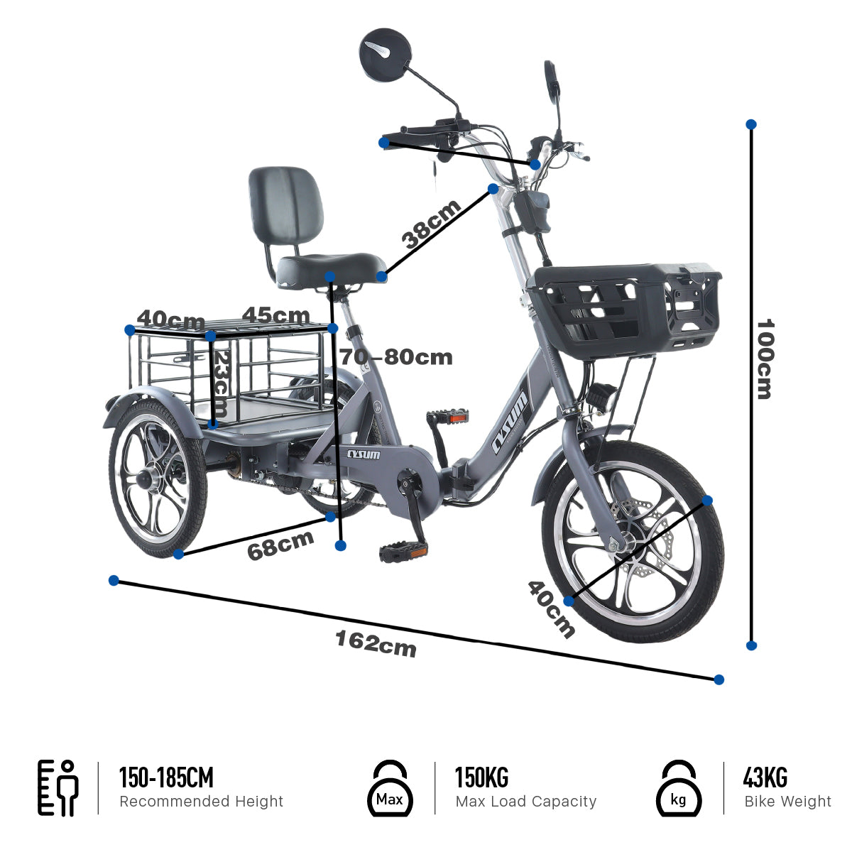 Cysum T1 Pro Elektro-Dreirad - 48V 250W Motor, 48V 22Ah Batterie, 16 x 2,3 Reifen, Gepäckkorb, Unisex-Design für den Pendlerverkehr 120-150km