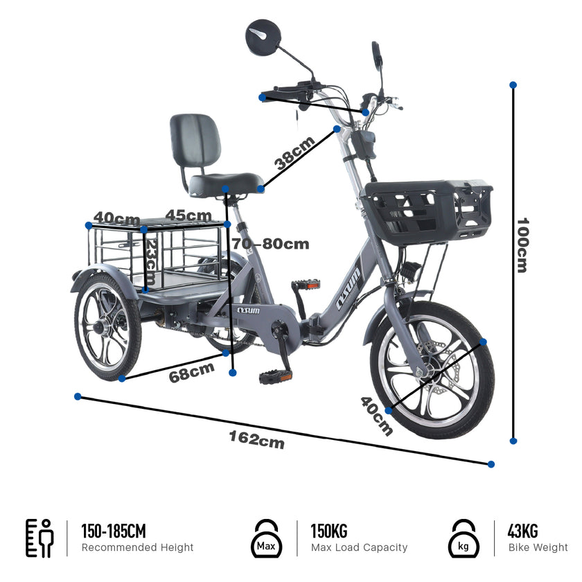 Cysum T1 Pro Elektro-Dreirad - 48V 250W Motor, 48V 22Ah Batterie, 16 x 2,3 Reifen, Gepäckkorb, Unisex-Design für den Pendlerverkehr 120-150km