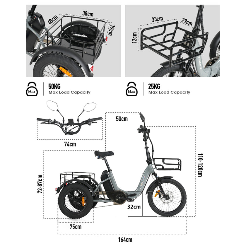 CYSUM AG1 Pro Electric Tricycle - 90N.m Cargo Bike with 20Ah Battery, Reverse Gear & Hydraulic Brakes